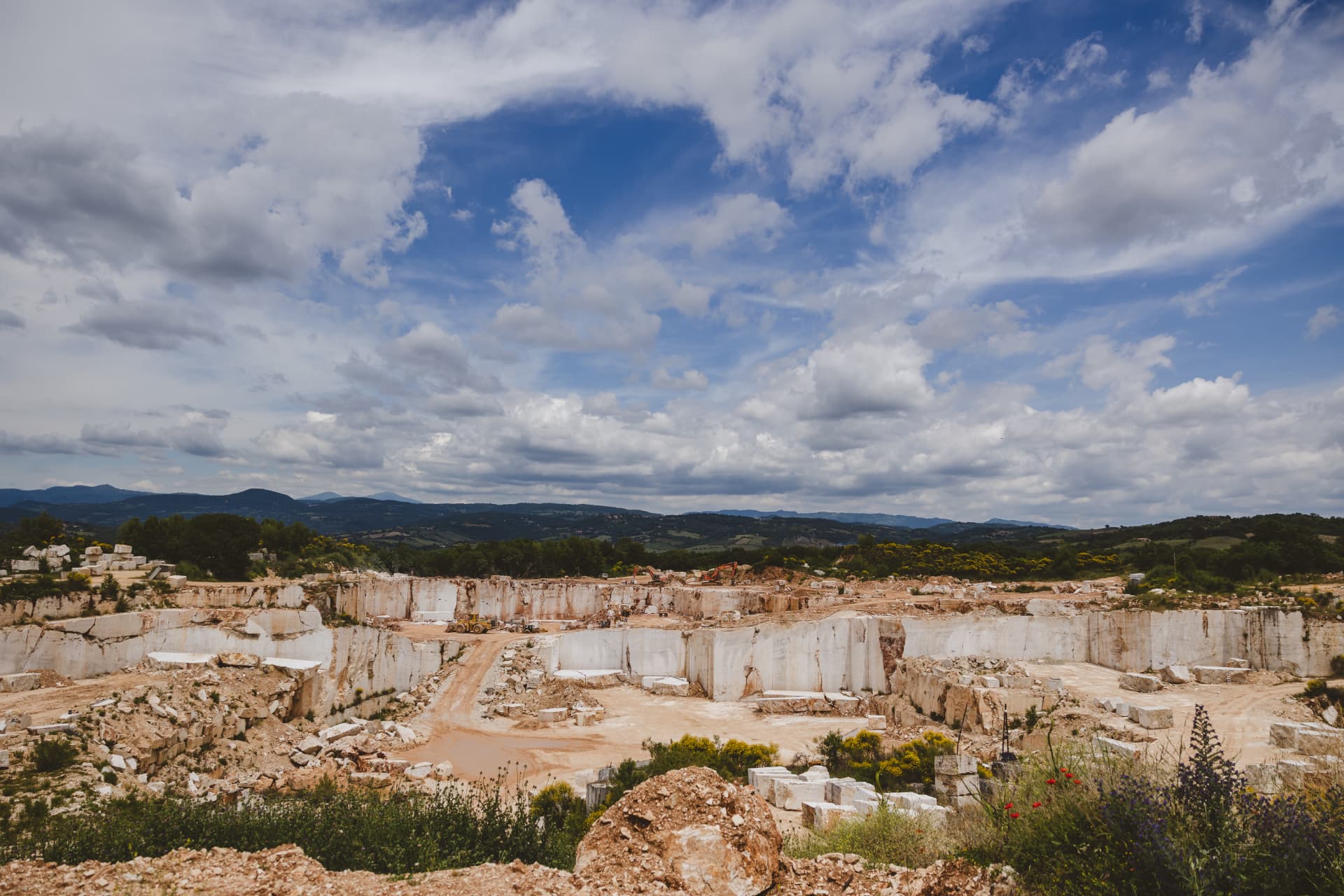 Travertine quarry benches in the Tuscan hills